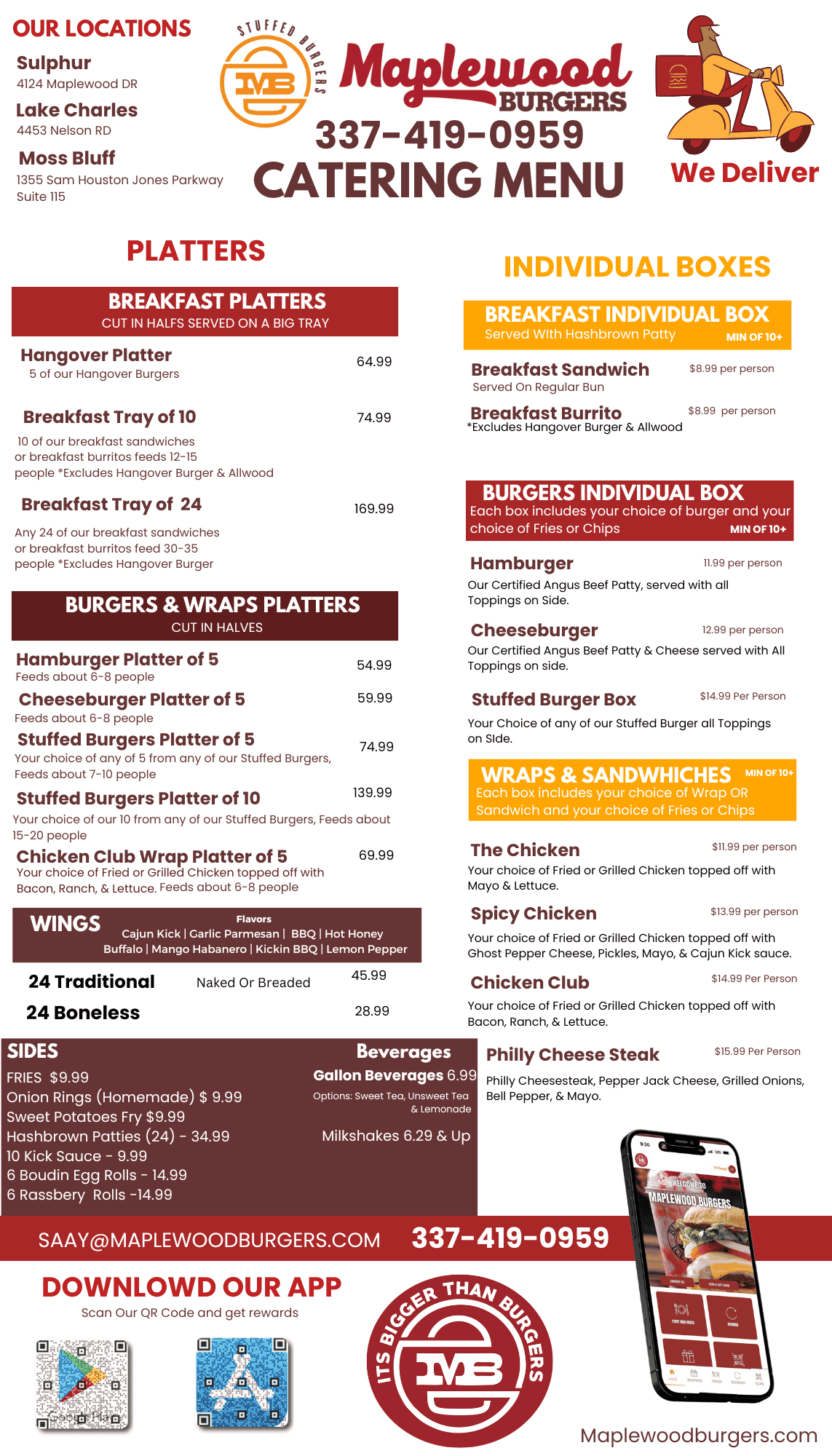 Maplewood Burgers Catering Menu